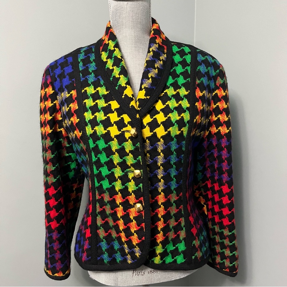 VINTAGE DEJAC PARIS Wool houndstooth multicolored blazer womens EU size 42 pride